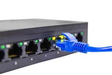 Lan bağlantı noktasını bağlamak için mavi ağ kabloları 