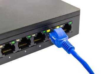 Lan bağlantı noktasını bağlamak için mavi ağ kabloları 