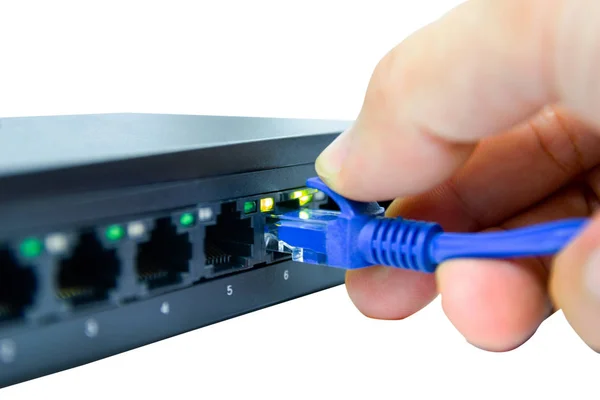 란 포트를 연결하는 파란색 네트워크 케이블을 들고 있는 사람의 손 — 스톡 사진