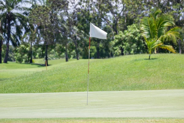 Fehér zászló a golfpályán a zöld, kék ég — Stock Fotó
