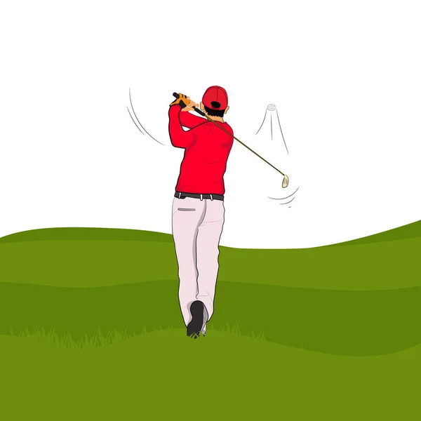 緑の芝生の上にゴルフスイングと赤いポロのゴルフプレーヤー ベクトルイラスト孤立した白い背景 — ストックベクタ