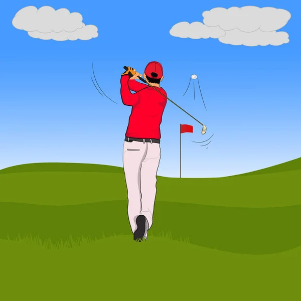 Golfspieler Roten Hemd Mit Golfschwung Auf Dem Grünen Rasen Vektorabbildung — Stockvektor
