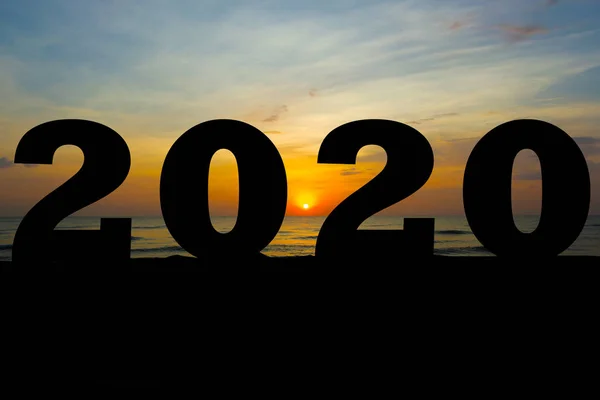 Feliz año nuevo 2020 silueta amanecer o atardecer en el fondo —  Fotos de Stock