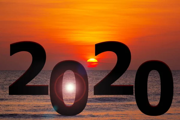 Frohes neues Jahr 2020 Silhouette mit goldenem Sonnenaufgang oder Sonnenuntergang — Stockfoto