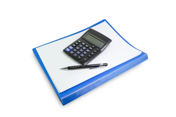 Blaue Akte Stift Auf Weißem Hintergrund Isoliert Konzept Büroausstattung — Stockfoto