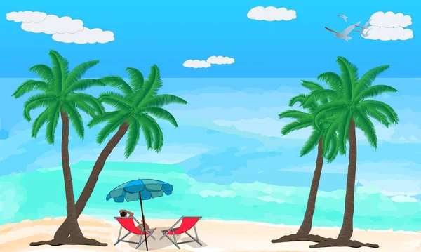 Image Vector Sea People Sitting Canvas Dancing Shore Coconut Trees — Stock Vector