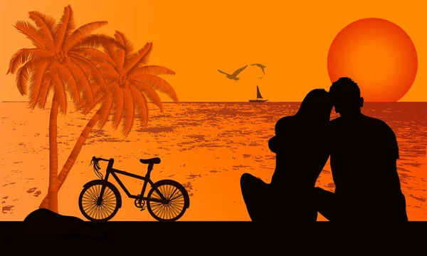 Couple Assis Regardant Coucher Soleil Silhouette Légère Crépuscule Sur Plage — Image vectorielle