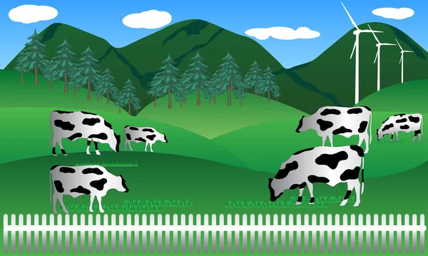 Rindfleisch Milchkuh Bauernhof Wilder Natur Mit Berglandschaft Ansicht Vektor Illustration — Stockvektor