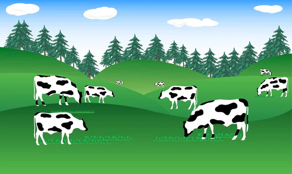 Rundvlees Melkkoe Boerderij Wilde Natuur Met Berglandschap Uitzicht Vector Illustratie — Stockvector