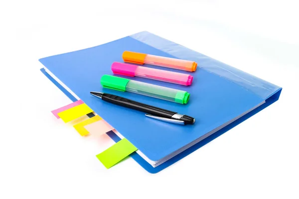 Blue folder document, Color highlight pen isolated white background