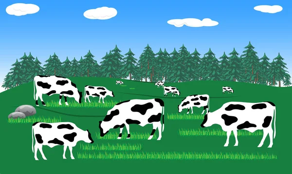 Rundvlees Melkkoe Boerderij Wilde Natuur Met Berglandschap Uitzicht Vector Illustratie — Stockvector