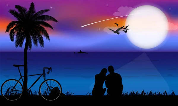 Couples Assis Ensemble Regardant Lune Illustration Vectorielle Graphisme — Image vectorielle