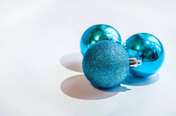 Three Decoration Blue Balls White Background New Year Christmas Decoration — Stock Photo, Image