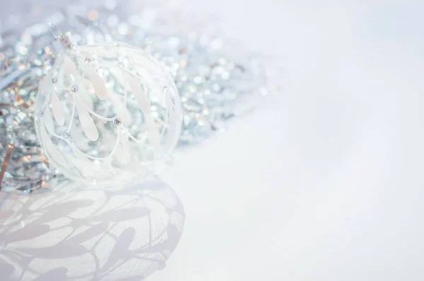 White Glass Ball White Background Silver Tinsel New Year Christmas — Stock Photo, Image