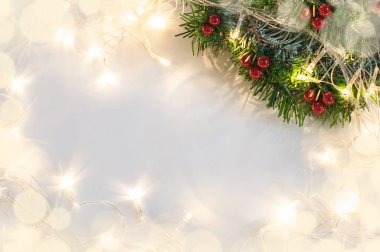 Noel ağacı dalı üst tatil çelenk ışıkları ile beyaz bir arka plan üzerinde sağ köşe.