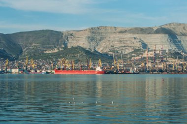 Novorossiysk Ticari Deniz Limanı'nda büyük kırmızı kargo gemisi