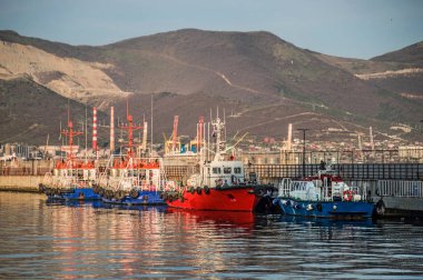 Karadeniz körfezinde iskeleye yakın gemiler.