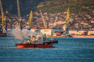 Karadeniz kıyısından geçen kırmızı römorkör gemisi.