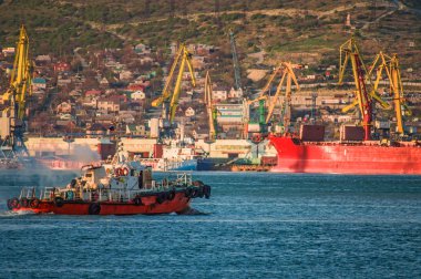 Karadeniz kıyısından geçen kırmızı römorkör gemisi.