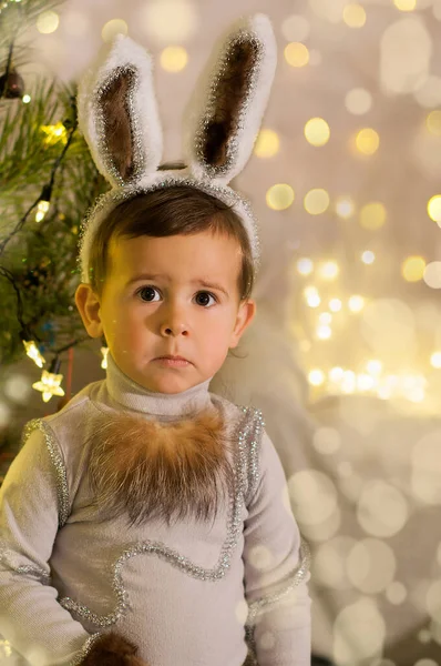 Bello 2 anno vecchio ragazzo indossare natale coniglio costume — Foto Stock