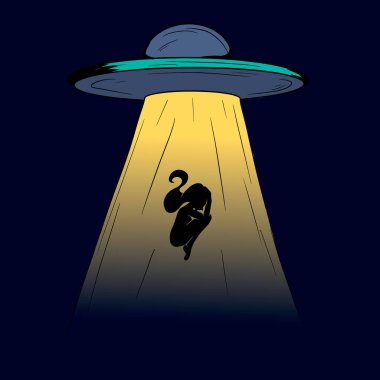 Karanlık bir gecede bir UFO 'nun temsili bir insan kaçırır. Bir adamın silueti.