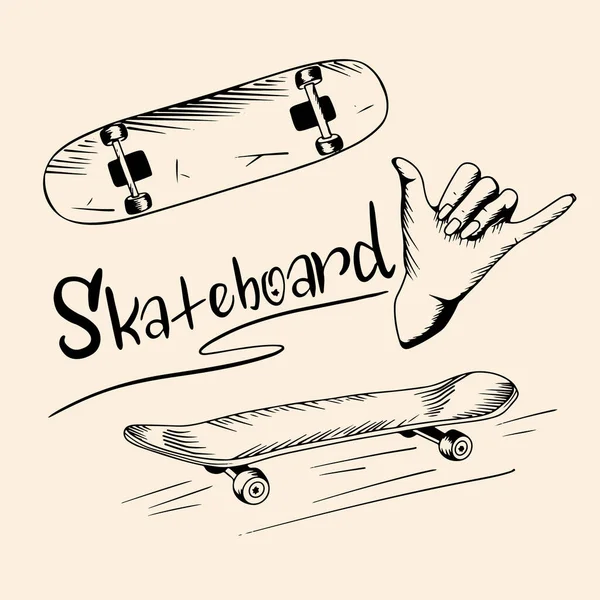 Vektor Illustrationen Von Skateboard Und Schriftzug Vereinzelte Zeilenkunst Schriftzug Hand — Stockvektor