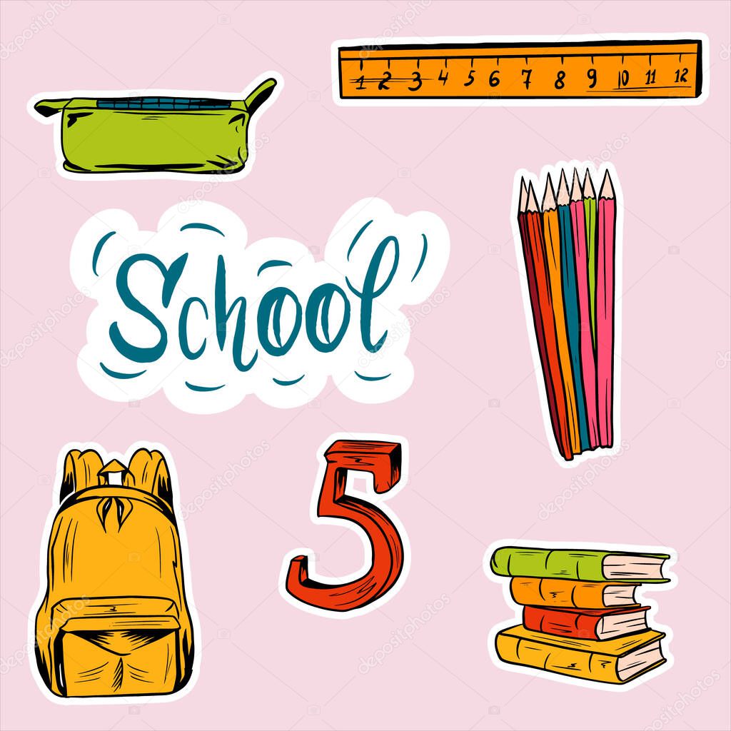 School supplies in vector. Icons in the form of stickers. Vector line illustration. Things needed at school