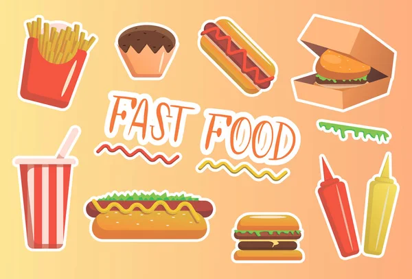 Zestaw Kolorowych Ikon Fast Food Kreskówki Izolowany Wektor — Wektor stockowy