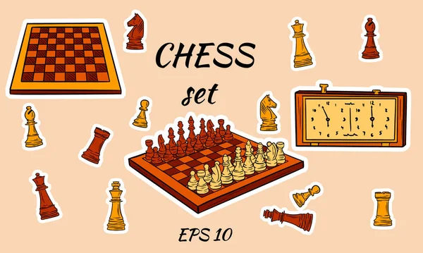 Kreslené Šachové Figurky Vektorový Král Královna Biskup Pěšák Šachovnice Hodiny — Stockový vektor