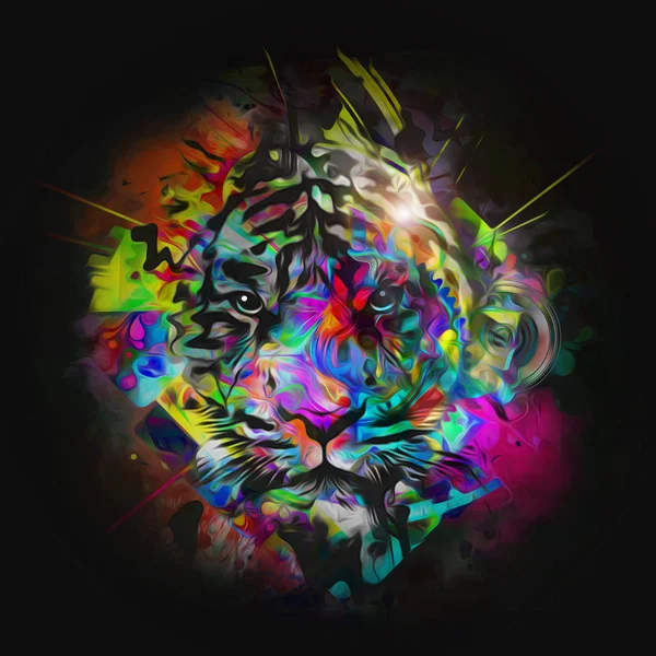 Colorful hand drawn tiger muzzle on abstract colorful background