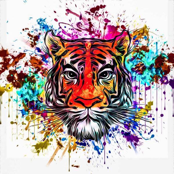 wild tiger face tattoo with colorful abstract background