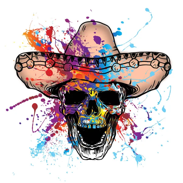 Colored skull with opened mouth and cowboy hat isolated on white background