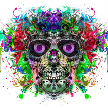 Beyaz arkaplanda izole edilmiş renkli insan kafatası