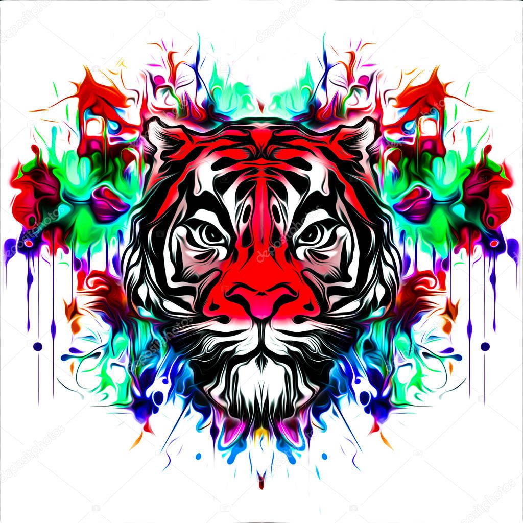 Tiger head tattoo illustration on white background