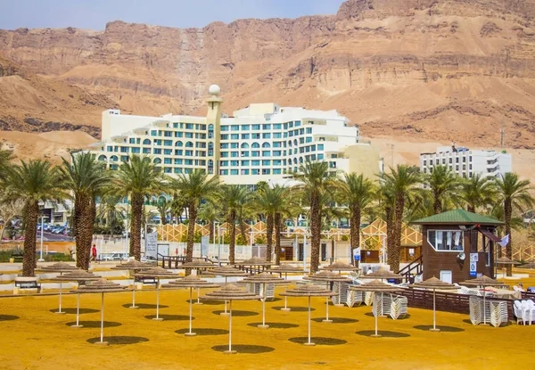 日当たりの良い夏の日にシーコーストのホテルと手のひらで砂のビーチの美しい景色 — ストック写真