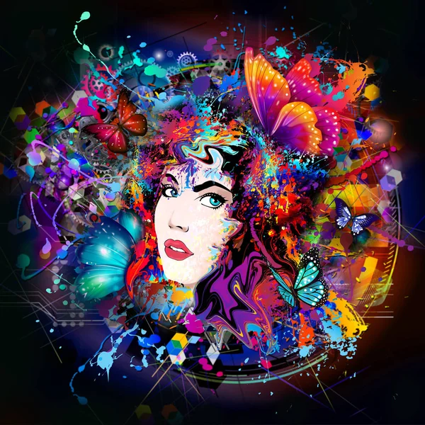 Futuristisk Färgglad Bakgrund Med Vackra Kvinnliga Ansikte Och Fjärilar — Stockfoto