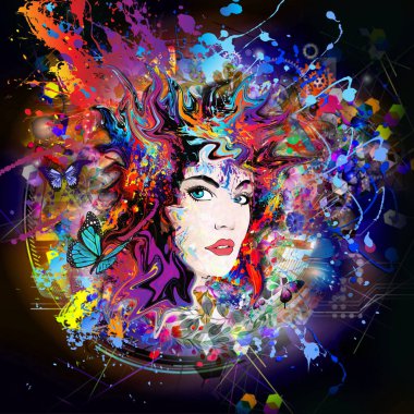 güzel kadın yüz ve kelebekler ile futuristik renkli arka plan 
