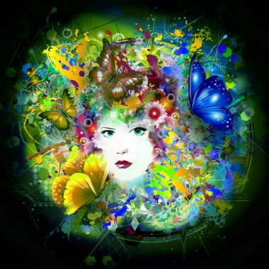 güzel kadın yüz ve kelebekler ile futuristik renkli arka plan 