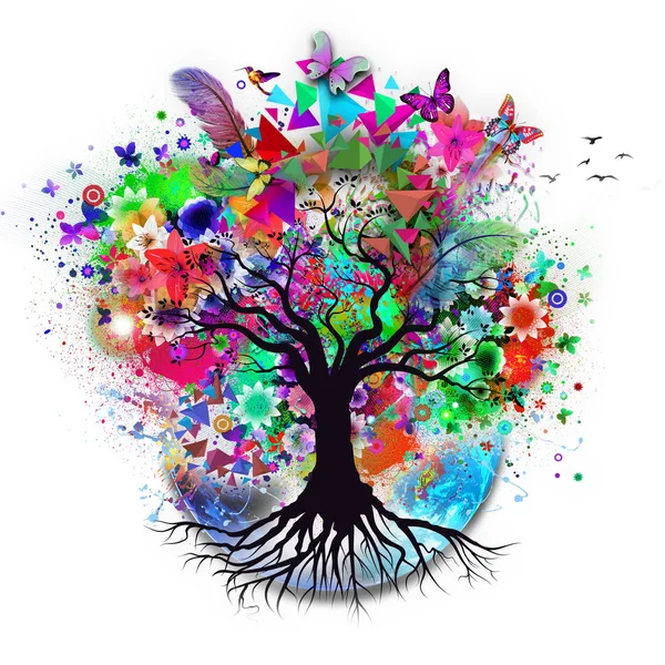 Futuristic Colorful Background Tree Beautiful Butterflies Paint Spots — Stock Photo, Image