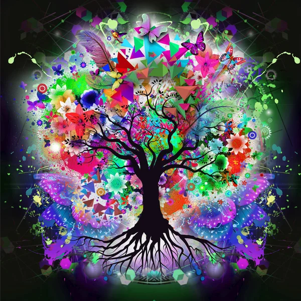 boya lekeleri ile ağaç ve güzel kelebekler ile fütüristik renkli arka plan