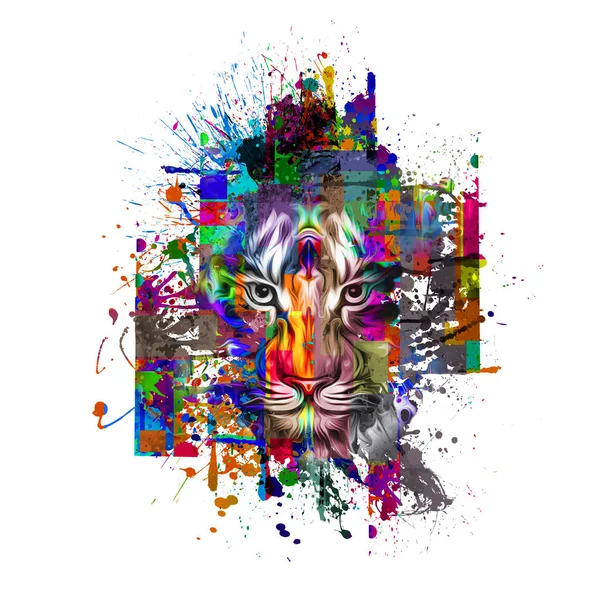 Papel Parede Criativo Abstrato Com Manchas Cores Cabeça Tigre — Fotografia de Stock