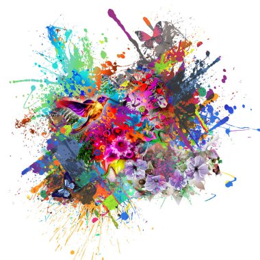 Kelebekler, colibri kuş ve çiçekler ile Soyut yaratıcı duvar kağıdı