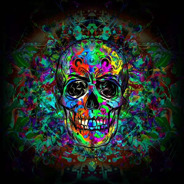 Calavera Humana Con Manchas Colores Sobre Fondo Oscuro — Foto de Stock