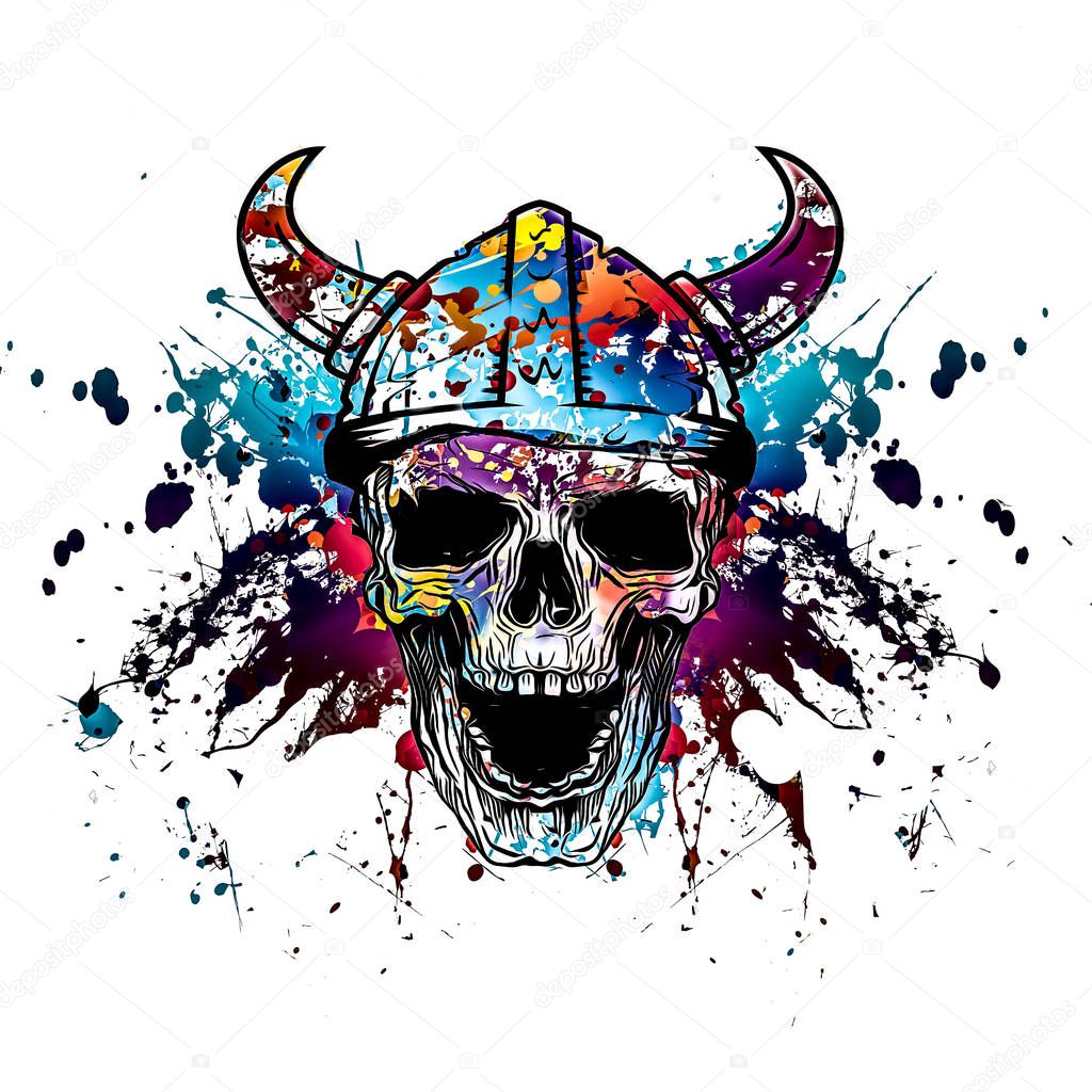 Human skull in horned helmet with colorful spots on white background 