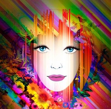 güzel kadın yüz ve kelebekler ile fütüristik renkli arka plan - İllüstrasyon