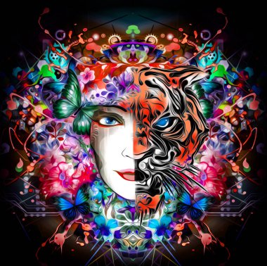 Parlak renklerde soyut kaplan ve kadın yüzü - İllüstrasyon