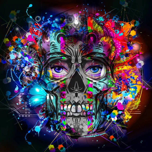 Calavera Humana Con Manchas Colores Sobre Fondo Blanco Ilustración — Foto de Stock