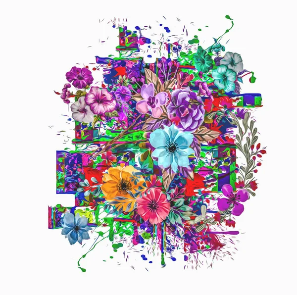 カラフルな塗料の飛沫と花を持つ抽象的なイラスト — ストック写真