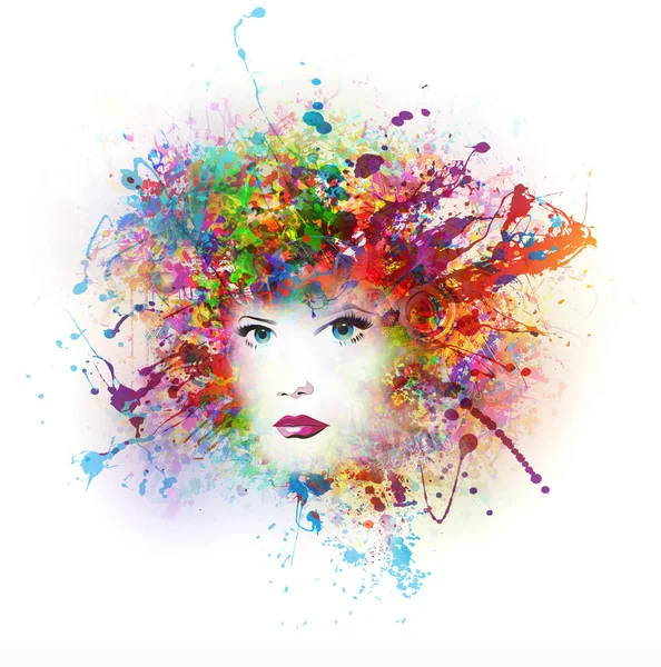 Colorful Paint Splashes Digital Illustration Female Face — Stock Photo, Image