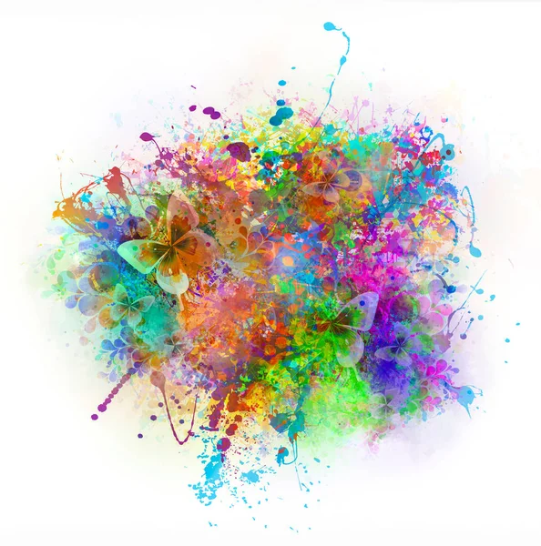 Pintura Colorida Salpica Ilustración Digital Con Mariposas Flores —  Fotos de Stock
